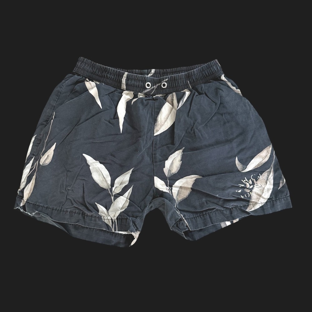 YoungLA Floral Leaf Print Shorts Small Black Navy Elastic Waist Casual